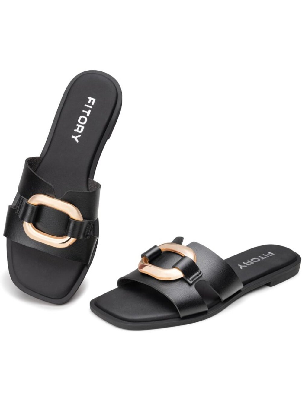🆕Women's All Black Slide Sandals Flat Fashion Square Open Toe Cushion Slippers